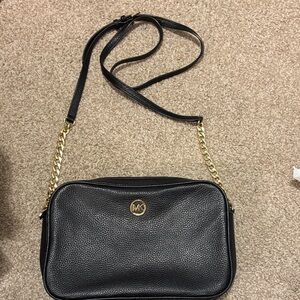 Michael Kors Black Pebbled Leather Crossbody Bag with Gold Chain